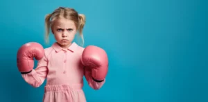 Kind hört nicht - wütendes Kind mit Boxhandschuhen